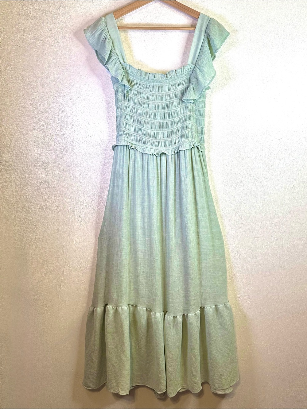 August Sky Womens Mint Green Smocked Flutter Sleeve Tiered Midi Dress Sze Large